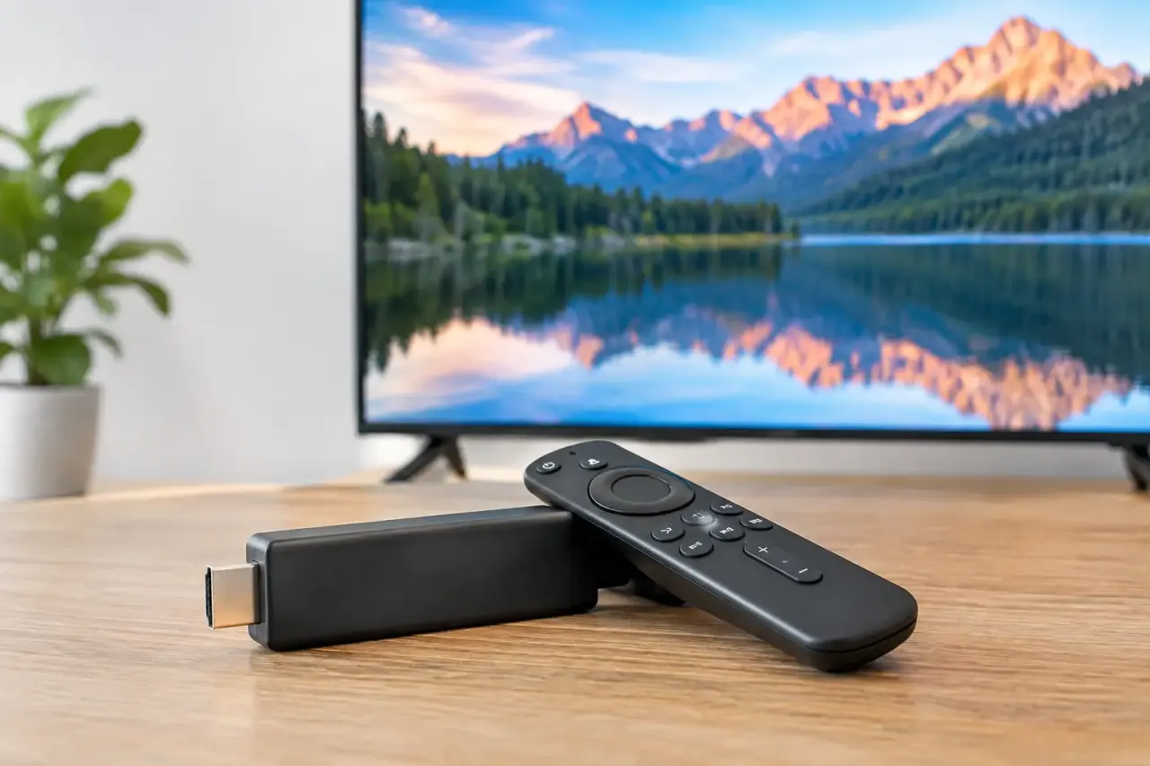 Streaming stick plugged into a business TV running digital signage