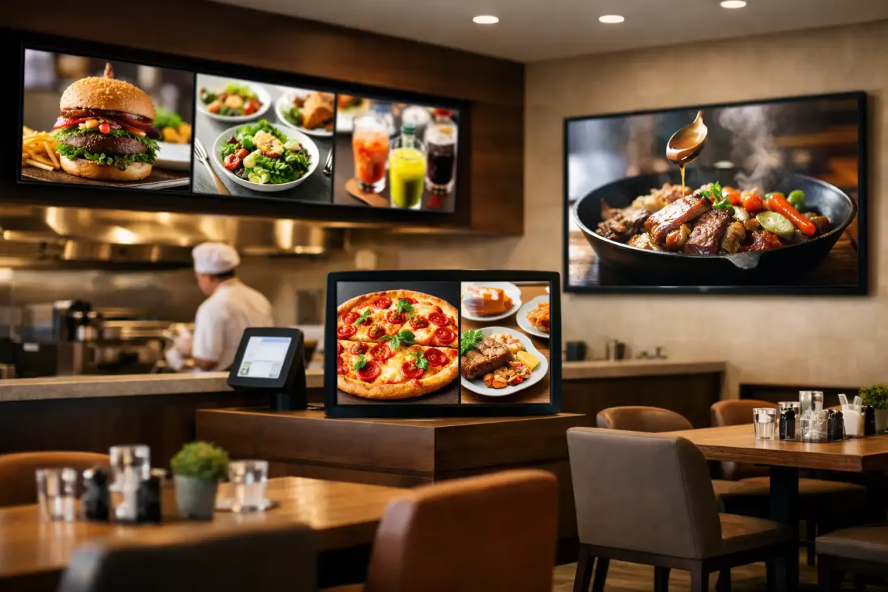 Restaurant digital signage with menu boards and promotions above the counter