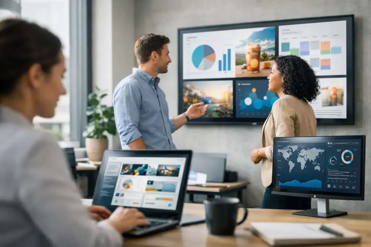 Best digital signage software compared on a laptop and business screens