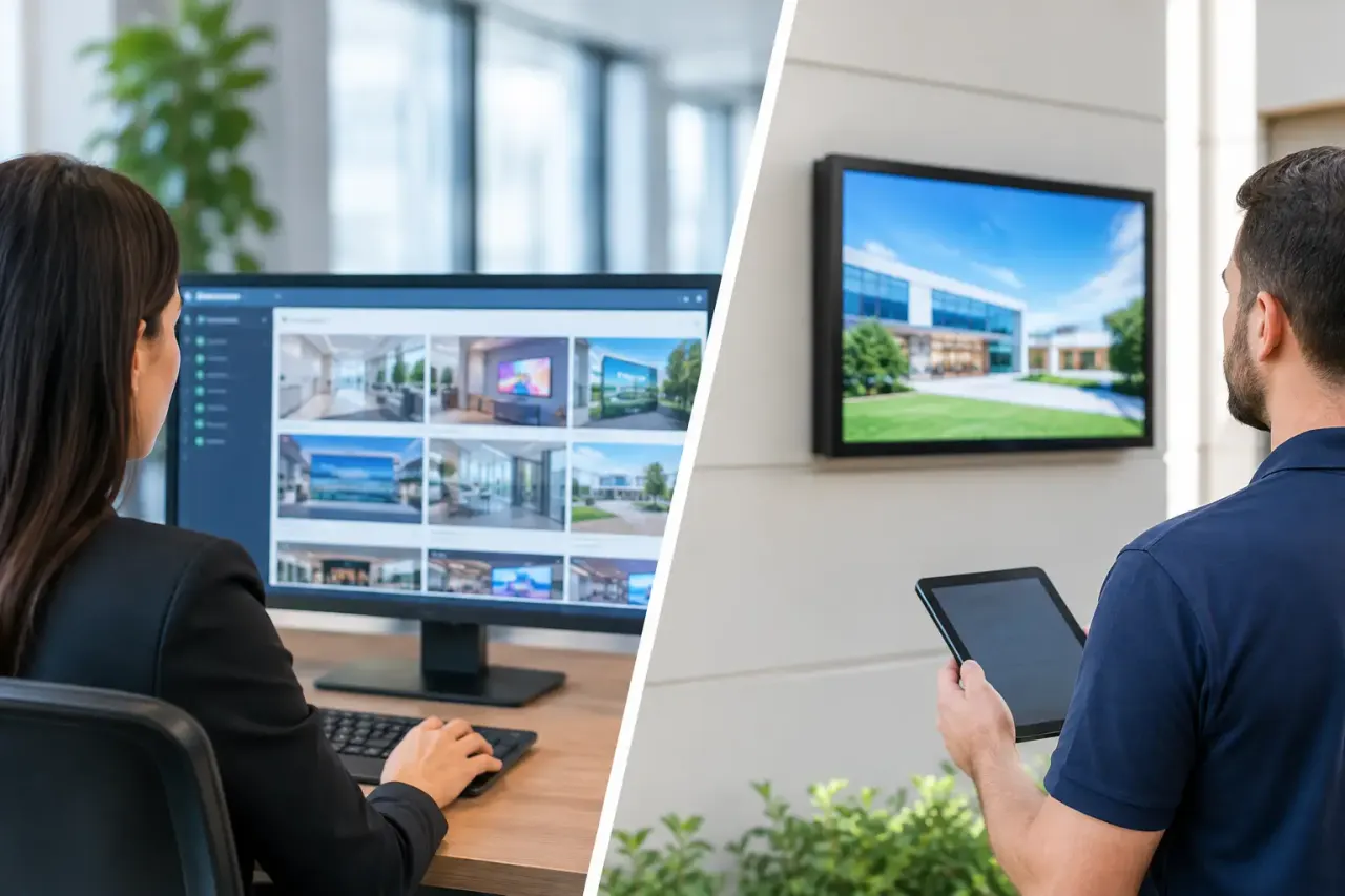 Centralized digital signage control compared with local screen management