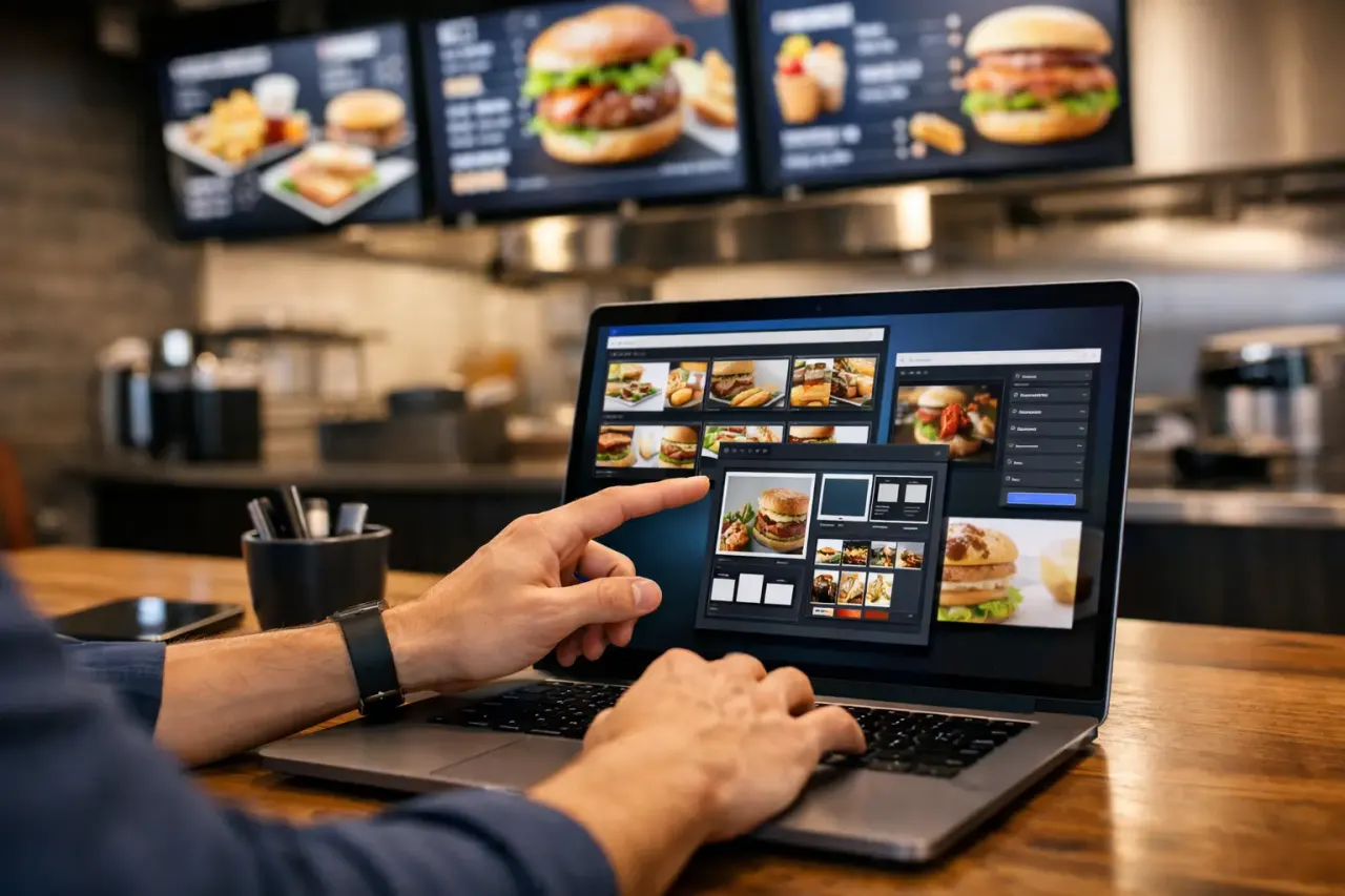 Digital menu board software updating restaurant menu screens