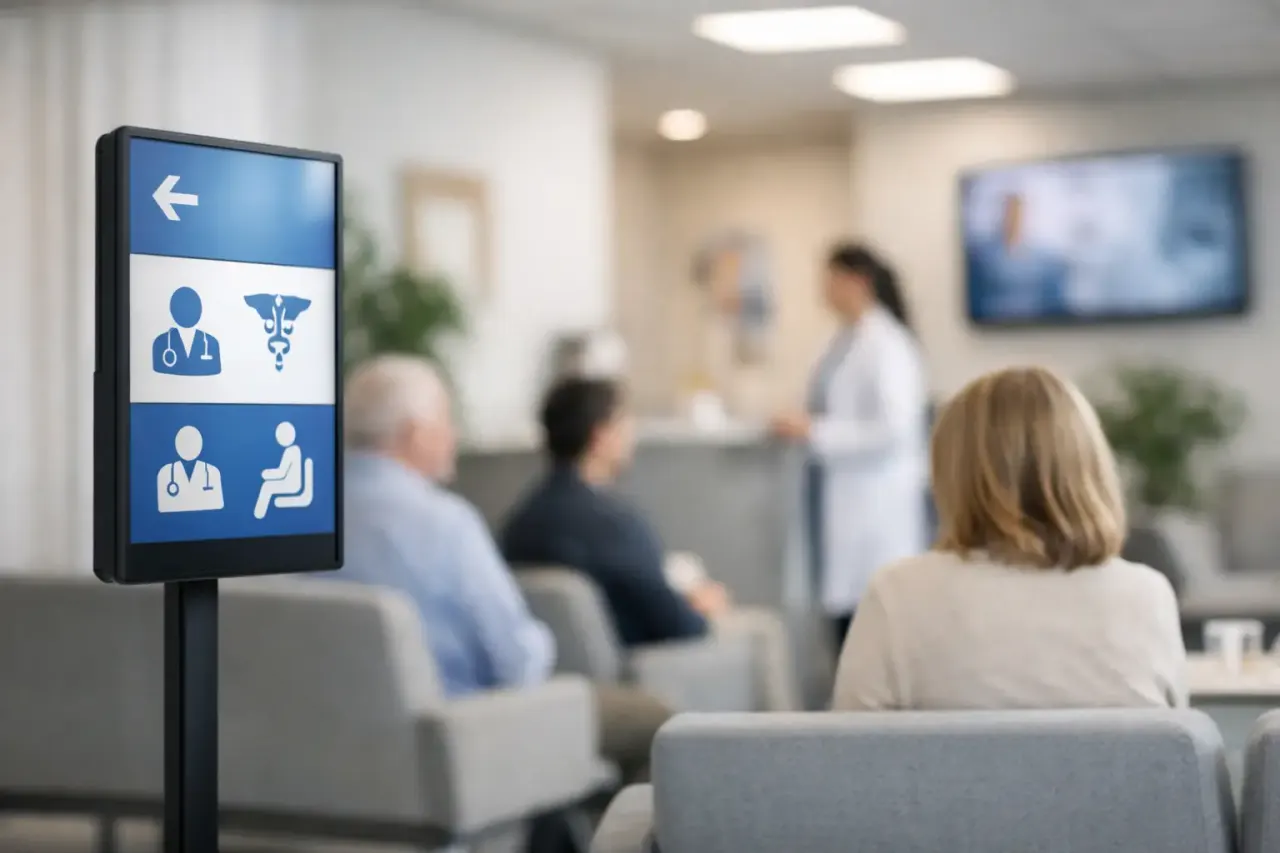 Clinic waiting room digital signage screen showing patient information