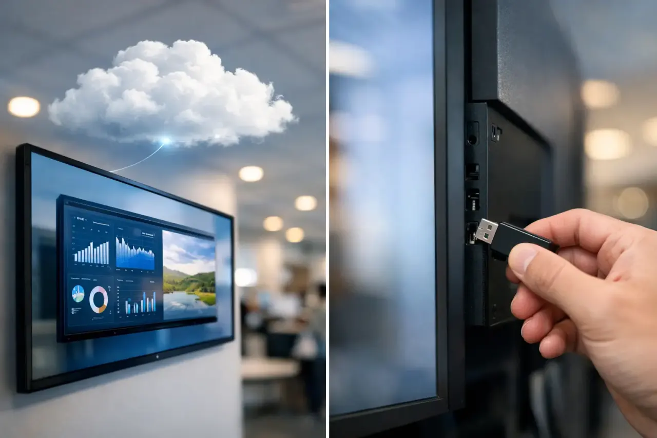 Cloud-managed displays versus USB-updated signage screens
