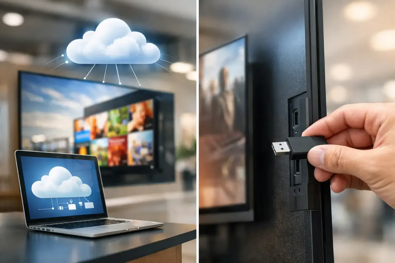 Cloud digital signage updates compared with updating screens by USB stick