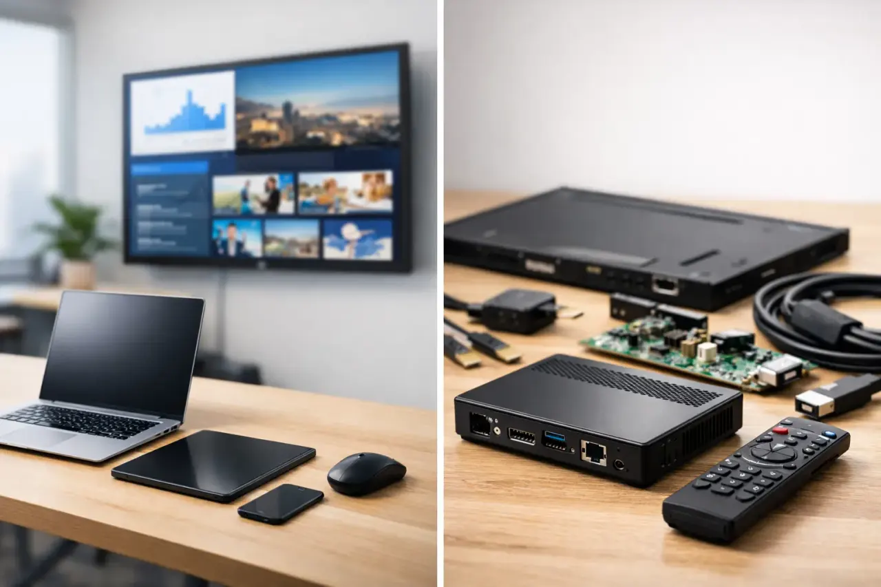 Digital signage software dashboard next to signage hardware players