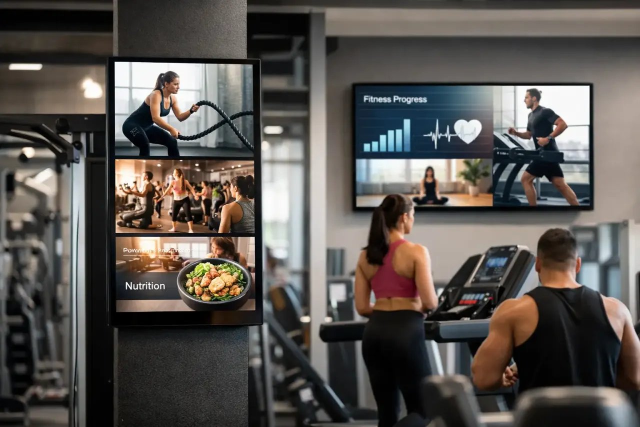 Gym digital signage screen showing class schedules in a fitness center