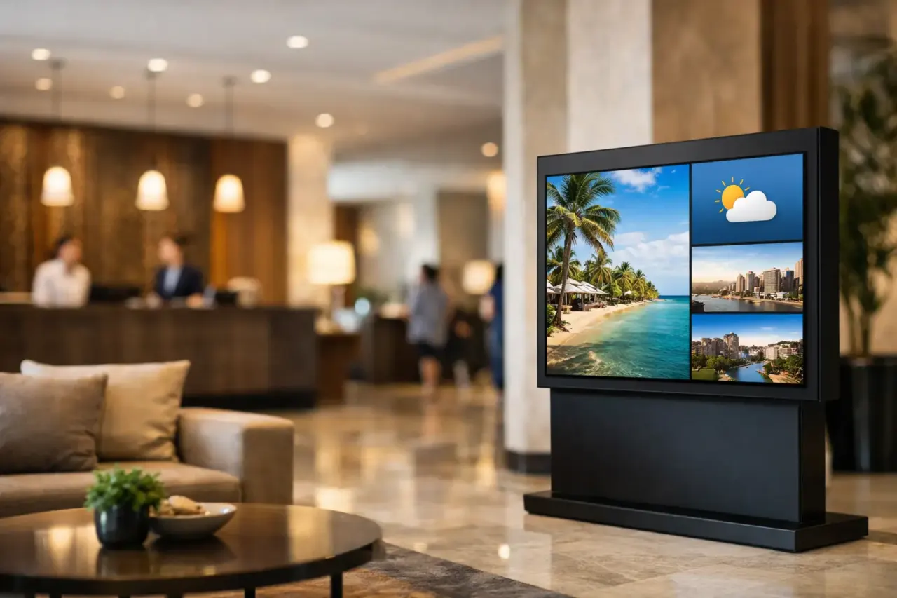 Hotel lobby display screen welcoming guests with events and weather