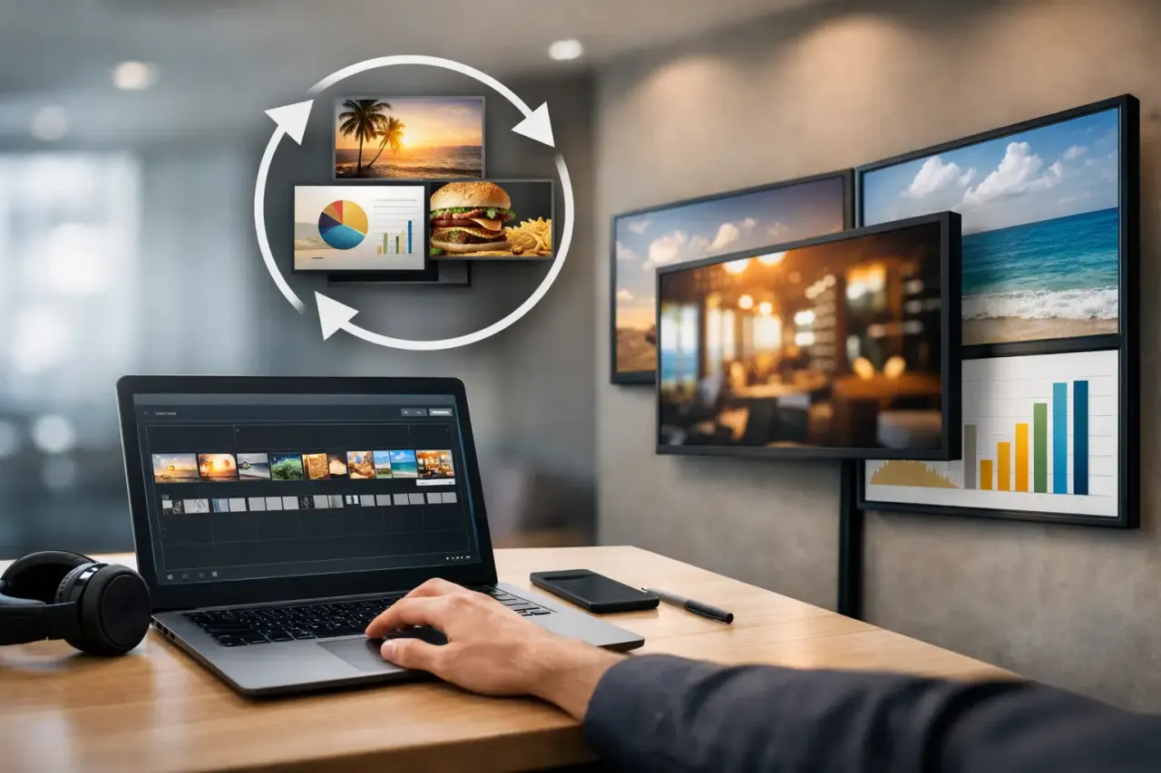 Rotating digital signage playlist cycling through promos and apps