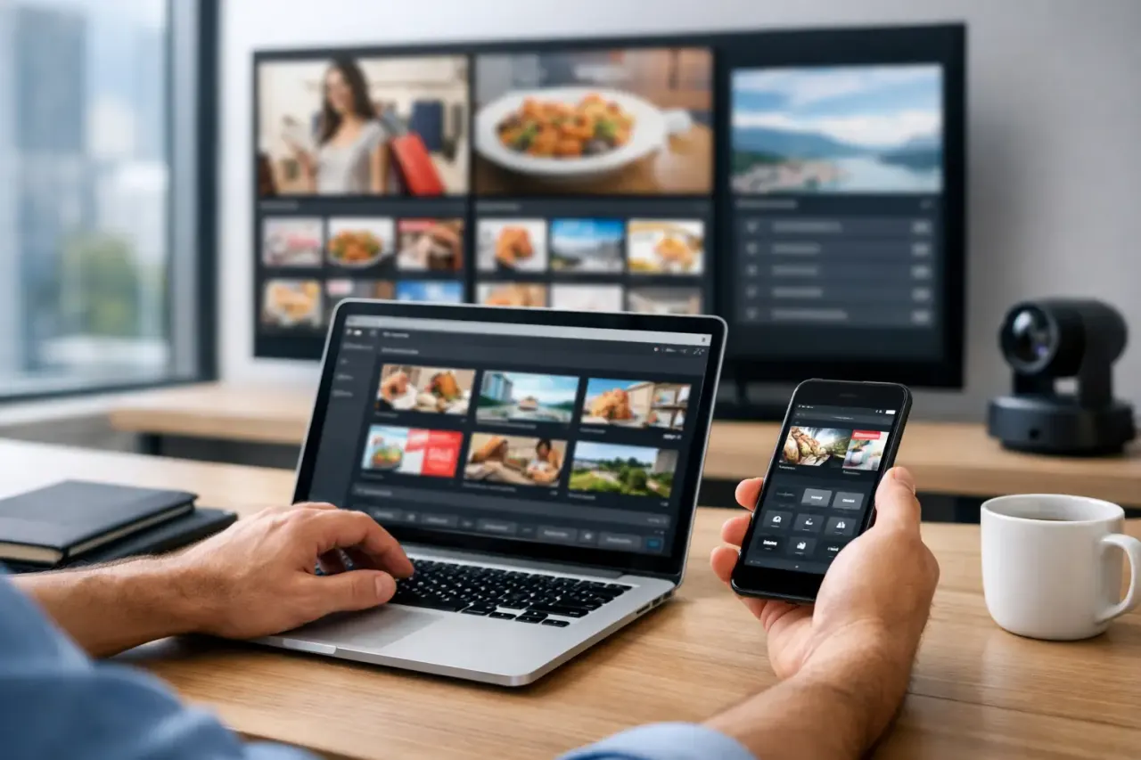 Managing digital signage remotely from a laptop across business locations