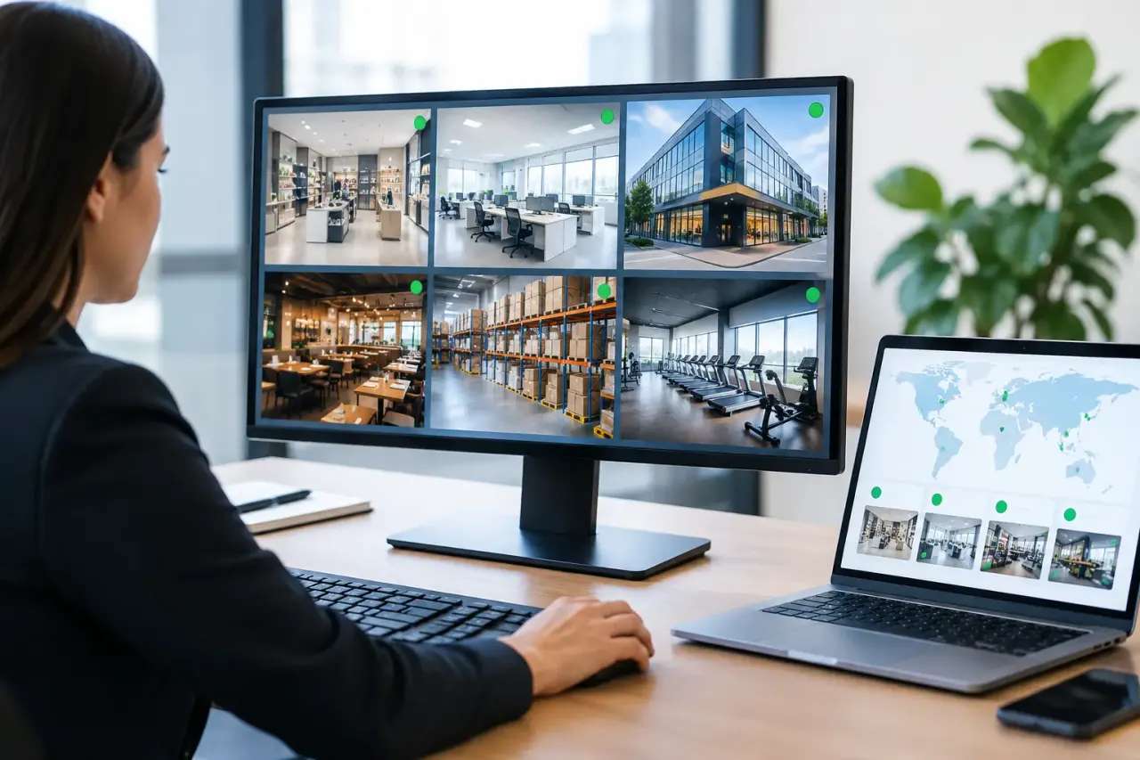 Screen uptime monitoring dashboard showing online and offline business displays