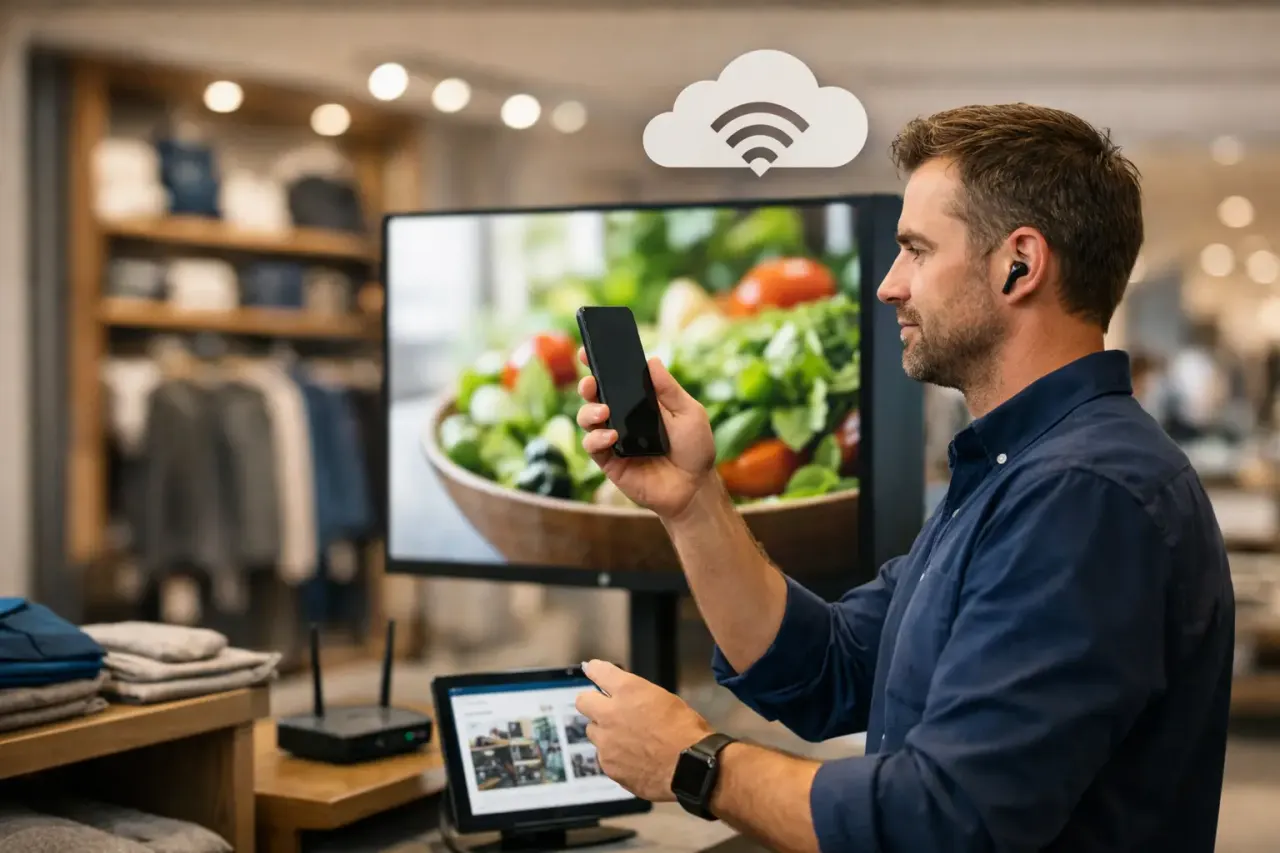 Retail in-store display being updated remotely from a cloud dashboard
