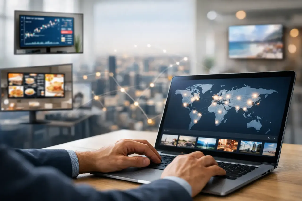 TV screens across several business locations updated at once remotely