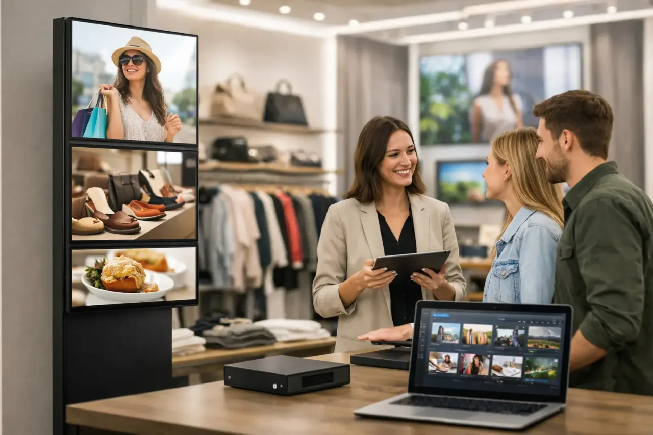 Retail digital signage screens across multiple stores showing promotions