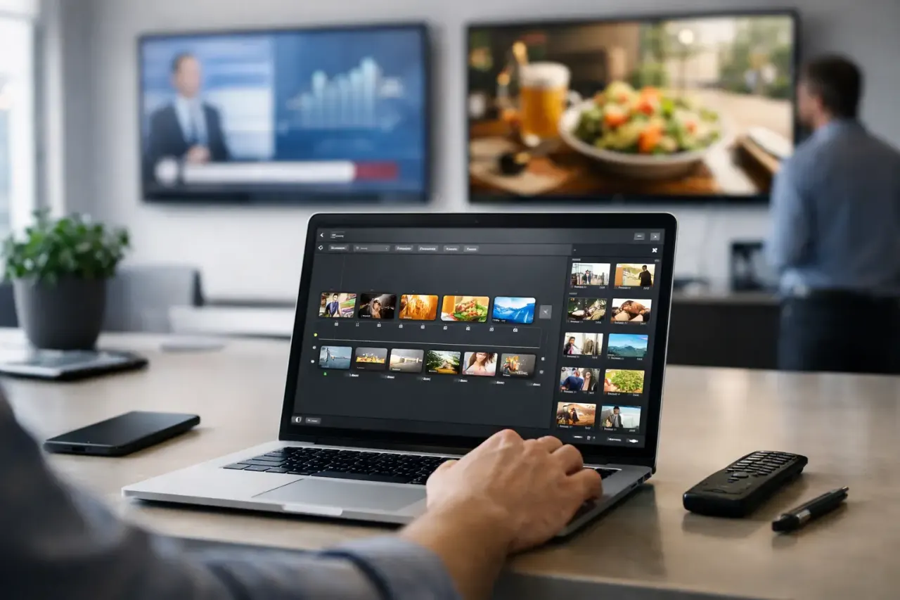Screen playlist management software organising digital signage content