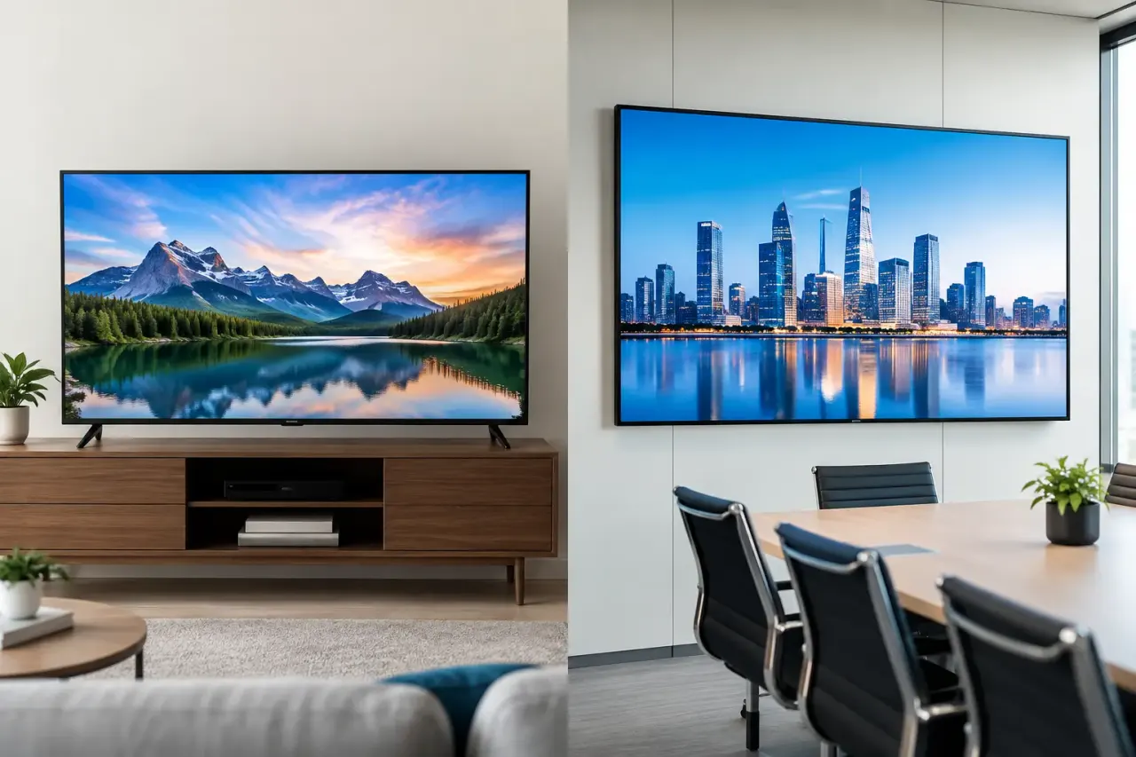 Smart television next to a commercial display for digital signage