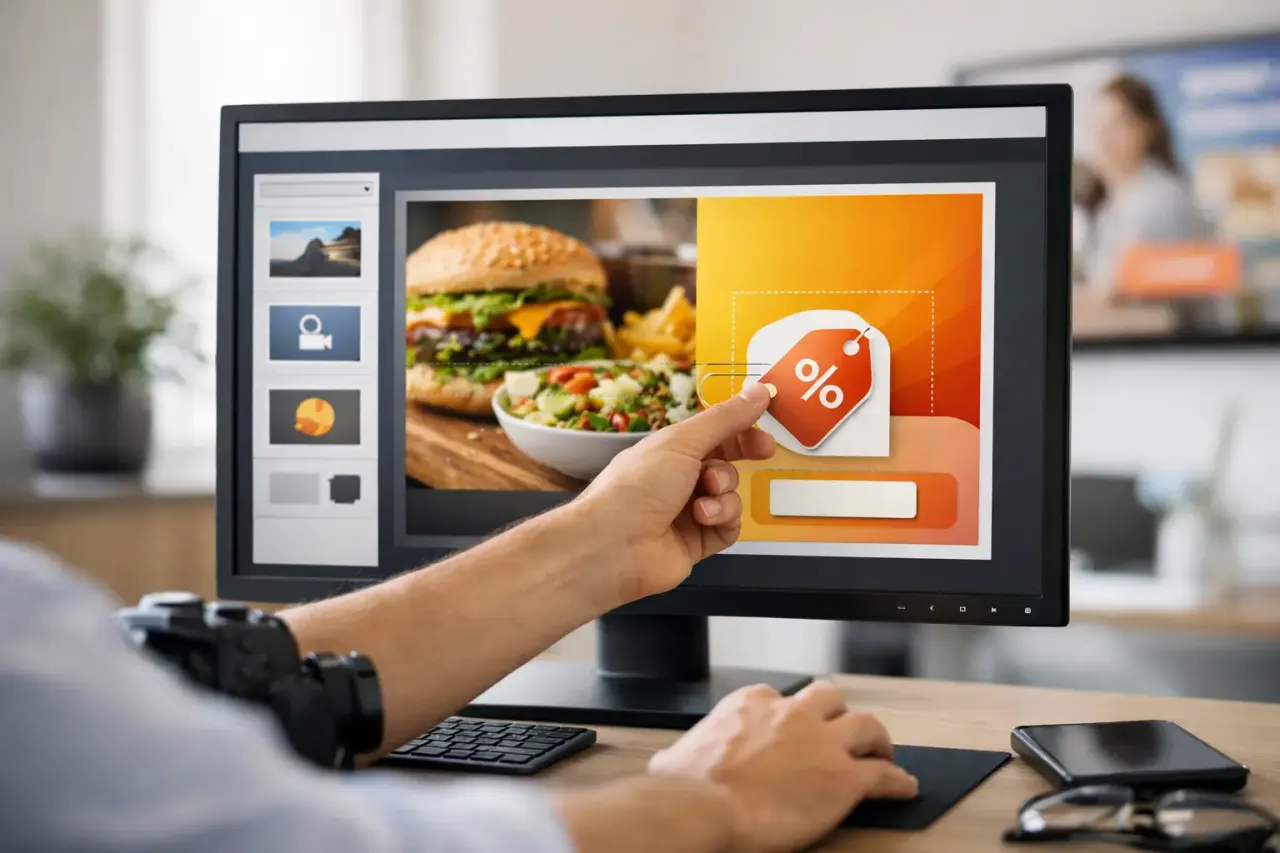 Drag and drop digital signage editor designing a screen layout