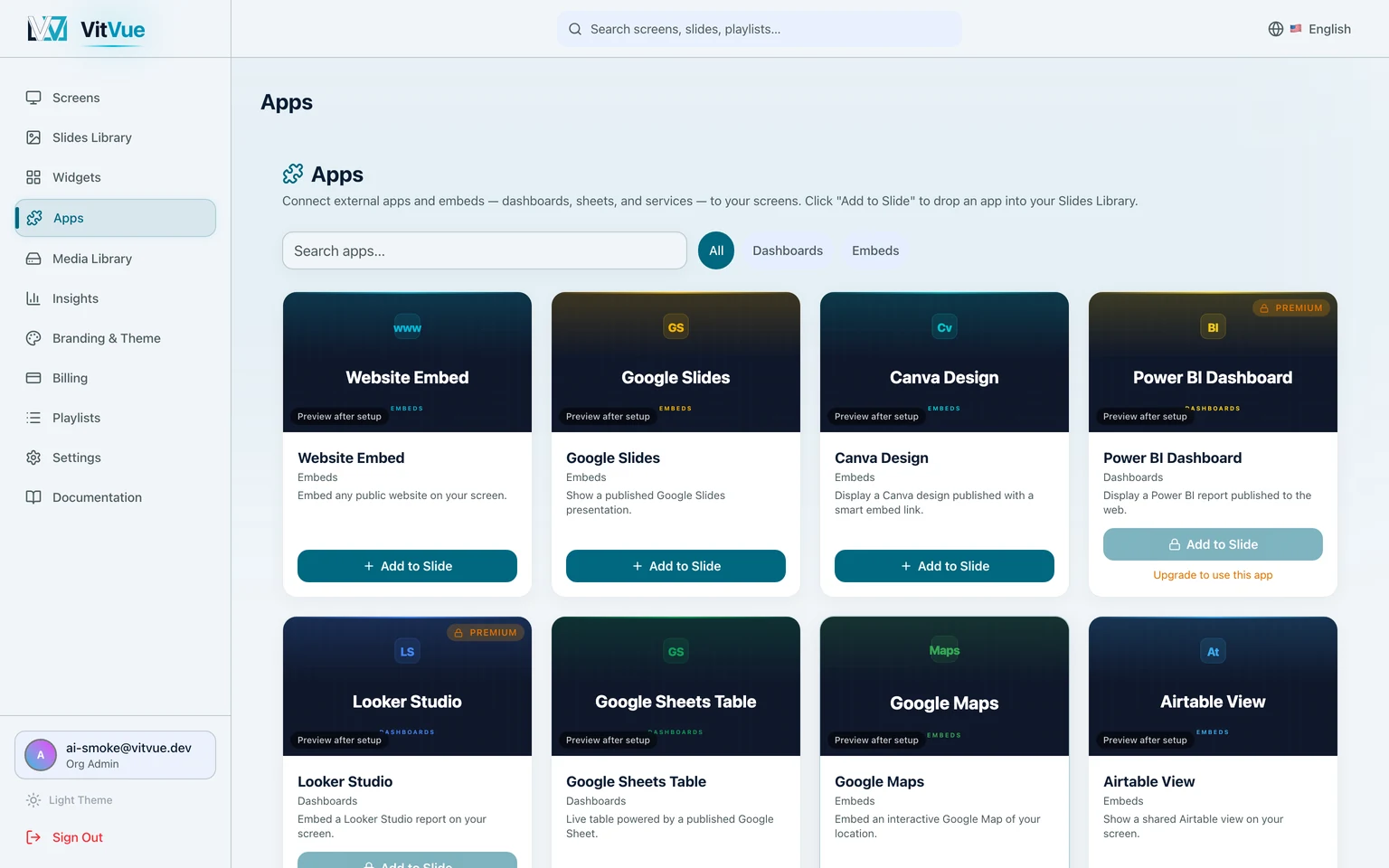 The Apps gallery: external services and embeds you can put on a screen