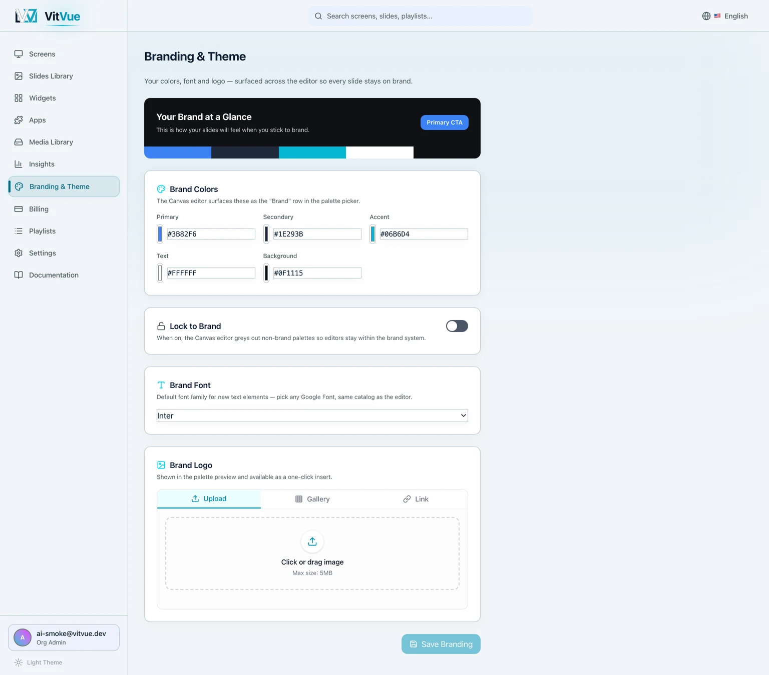 The Branding and Theme page with its five brand colours, the Lock to Brand toggle, the default brand font, and the logo upload
