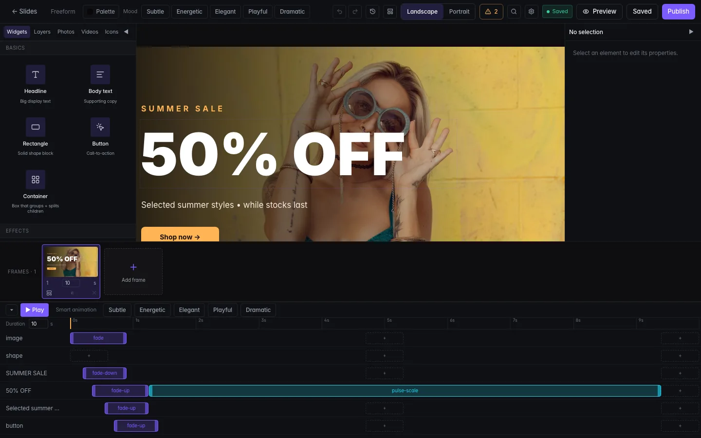 The VitVue Canvas editor: an element toolbar, the design stage with a slide, the frames strip, and the animation timeline