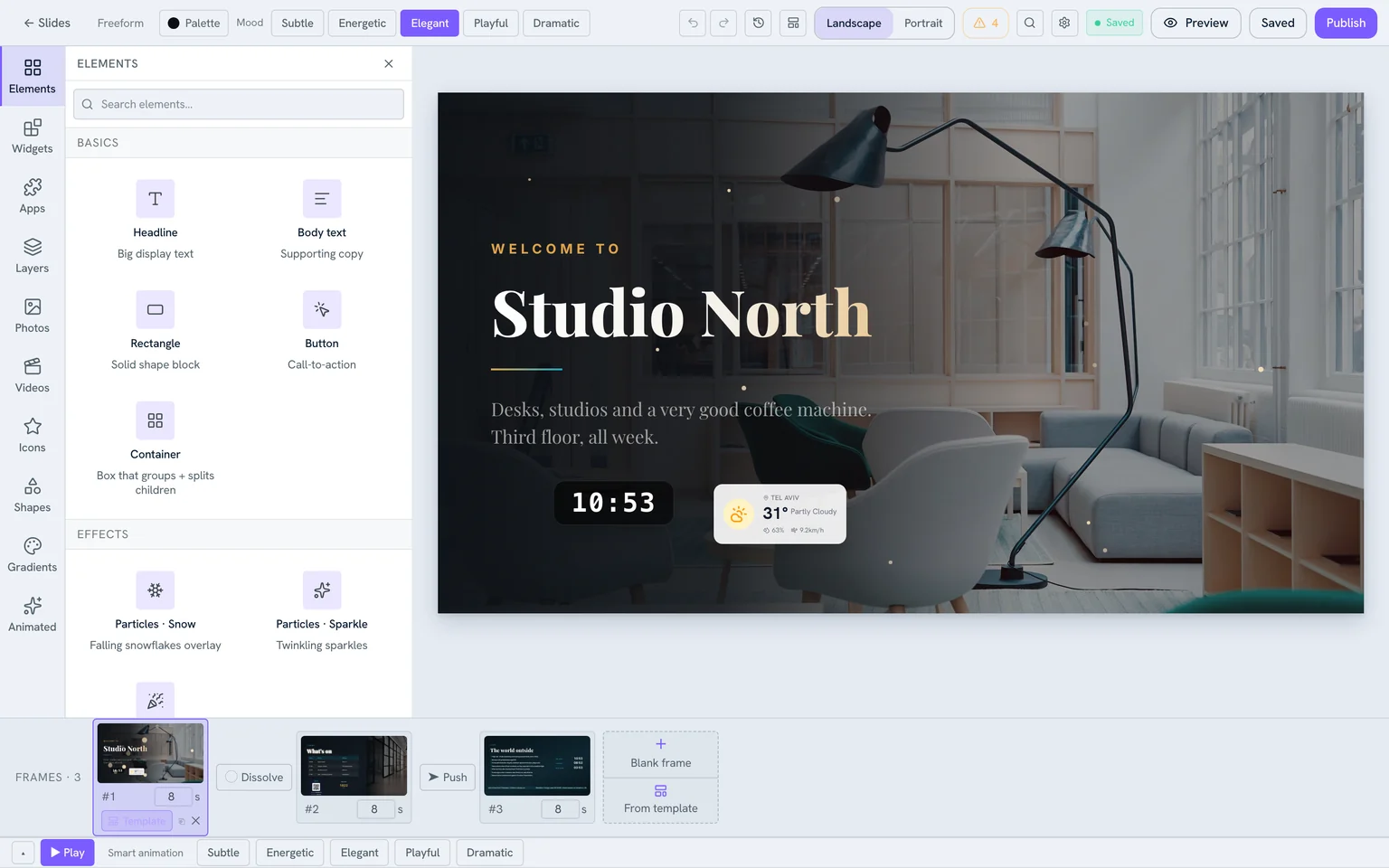 The editor with the Elements drawer open, showing Headline, Body text, Rectangle, Button and Container, and the rail behind it listing Widgets, Apps, Layers, Photos, Videos, Icons, Shapes, Gradients and Animated