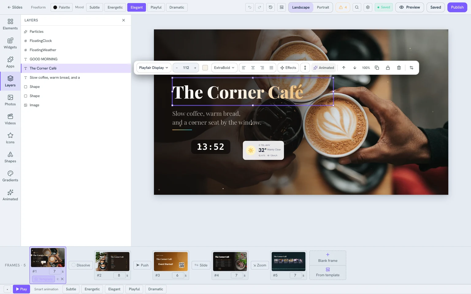 The headline selected on the stage, with a floating toolbar above it showing font, size, colour, weight and alignment, and the Layers list open on the left