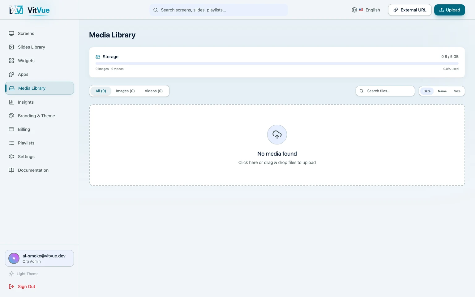 The Media Library before anything has been uploaded, showing the storage allowance and the drag-and-drop upload zone