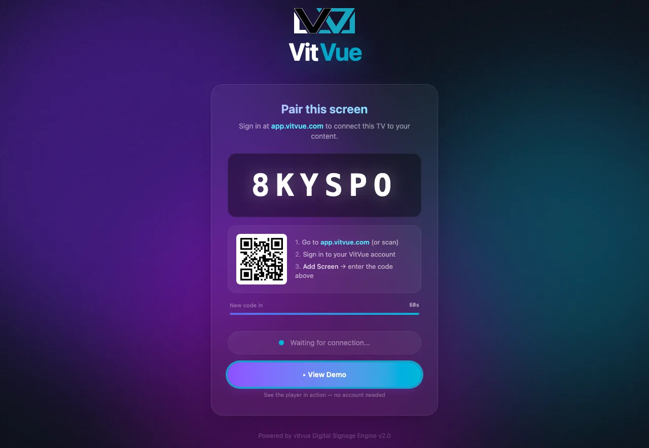 VitVue player showing a 6-character pairing code, a QR code, and step-by-step pairing instructions