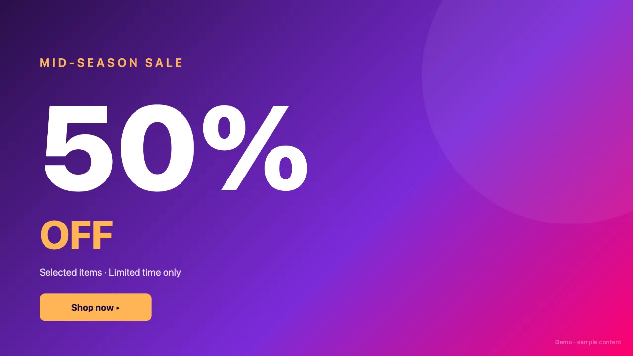 A VitVue screen displaying a full-screen 'Mid-Season Sale, 50% Off' digital signage slide