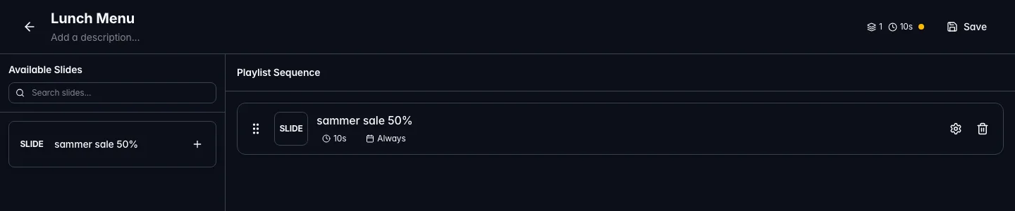 The VitVue playlist editor: a slide in the playlist sequence with its display duration and schedule status