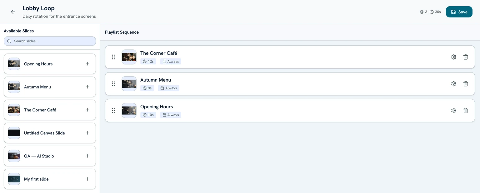 A playlist open in the editor: available slides on the left, and the playlist sequence on the right with each item's duration and schedule chip