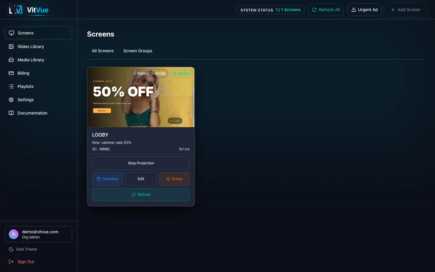 The VitVue Screens dashboard with a paired screen showing live content and the Add Screen button