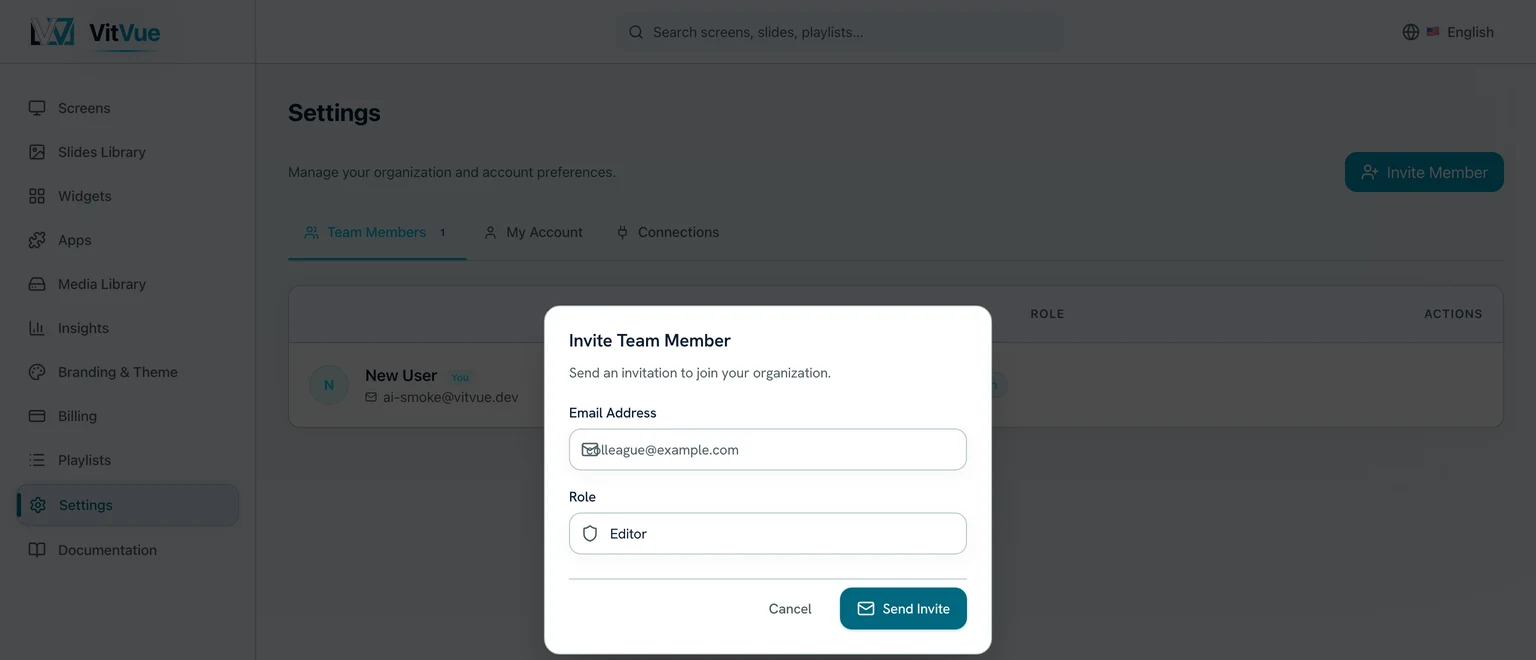 The Invite Team Member dialog with an email field and a role picker set to Editor