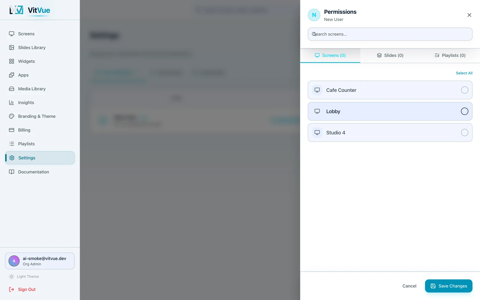 The Permissions drawer for a member, with Screens, Slides and Playlists tabs and a toggle beside every screen