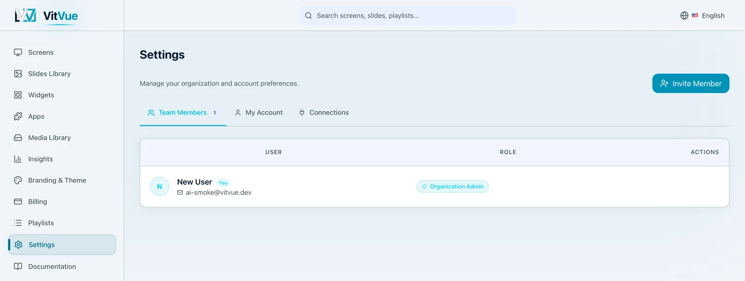 The Settings page on its Team Members tab, listing each member with their role and an Invite Member button