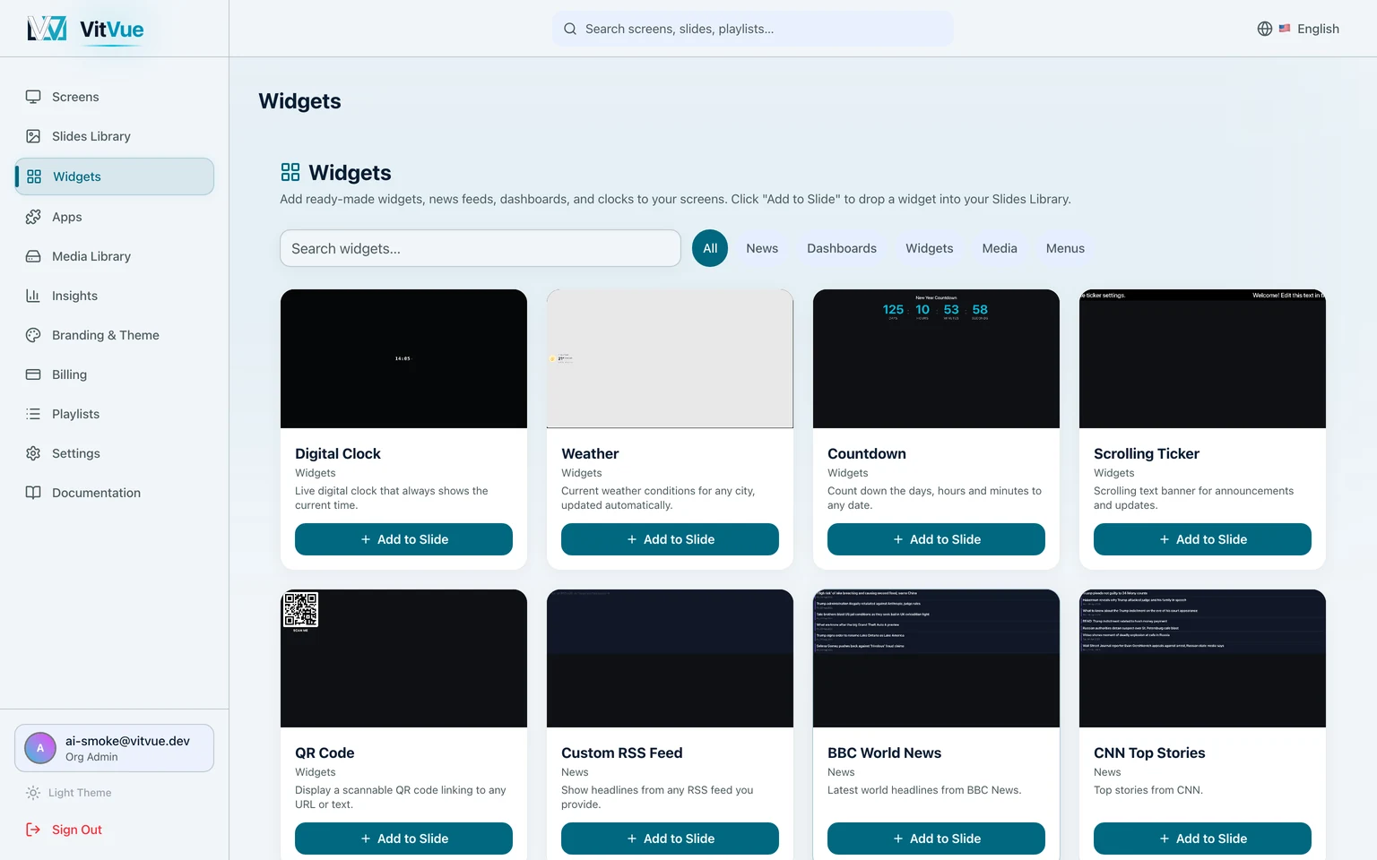 The Widgets gallery: ready-made widgets with live previews — a clock showing the time, weather for a city, a countdown, and news feeds